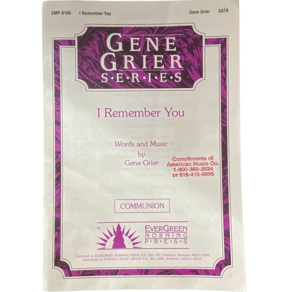 I Remember You Sheet Music Gene Grier SATB Piano EverGreen Morning Press